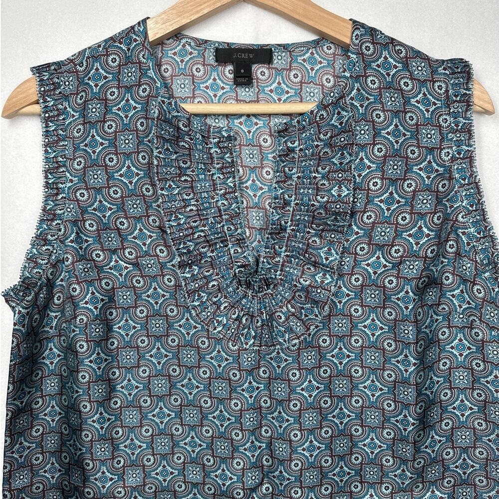 J. Crew Silk Tank Top Blouse Margo Medallion Ruffle V-NeckTeal Brown 8 Workwear - Picture 2 of 10